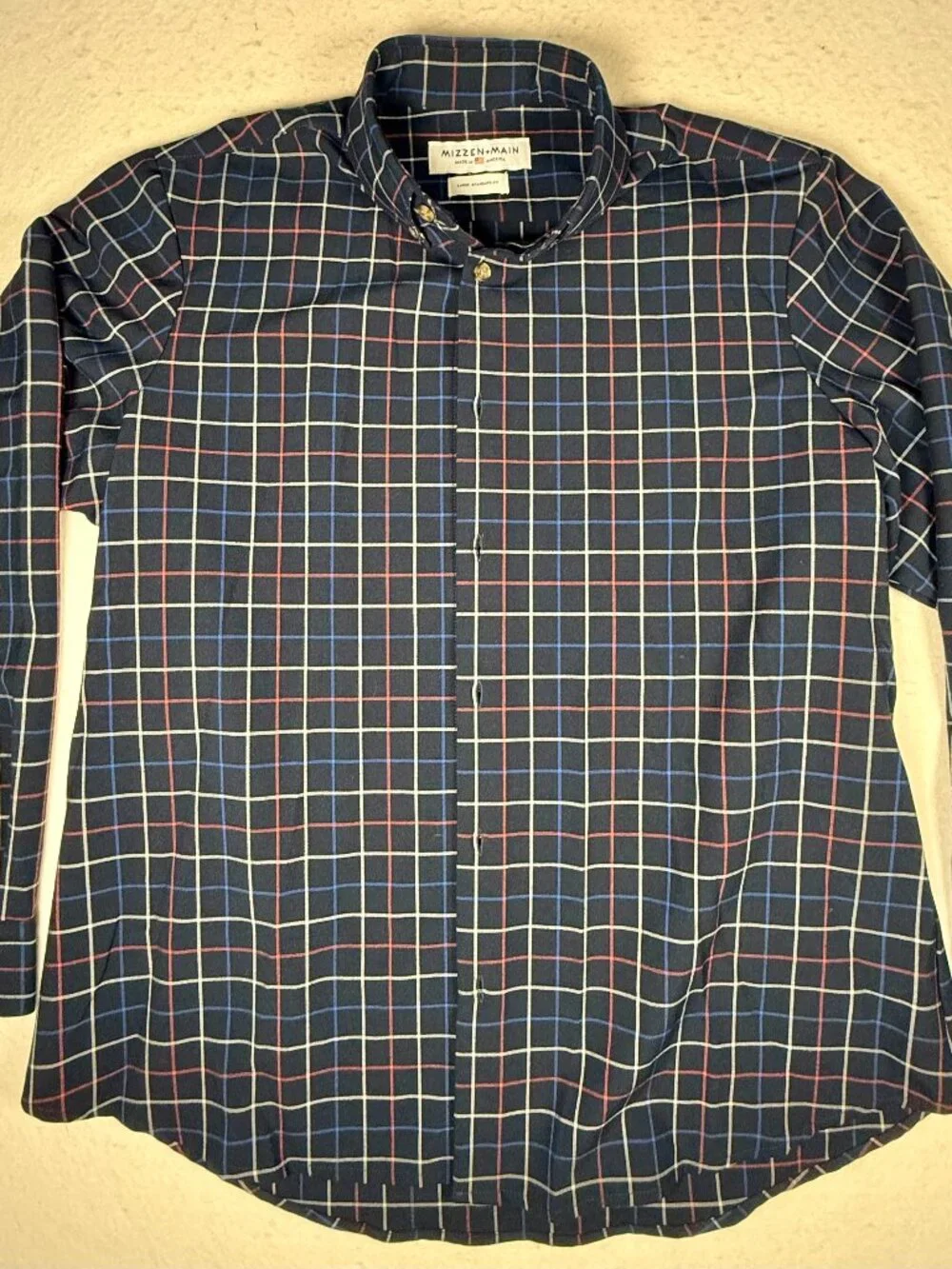 Mizzen + Main Men's Shirt Large Standard Fit Navy Blue Plaid Performance EUC